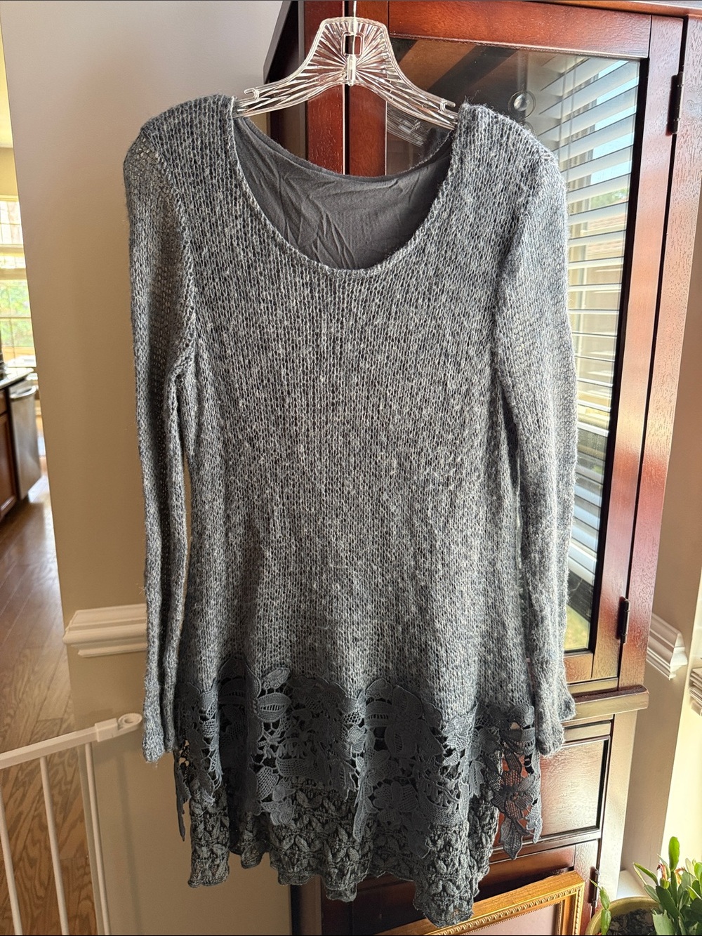 Gray Knit Tunic with Lace Hem
